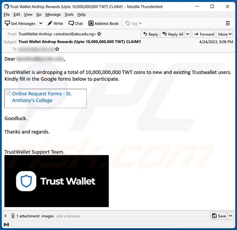 TrustWallet-themed spam email (2023-04-26)
