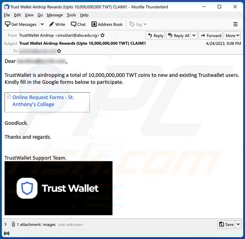 TrustWallet-themed spam email (2023-04-26)