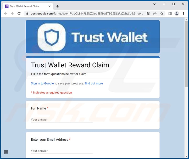 Google form distributed via TrustWallet-themed spam email (2023-04-26)