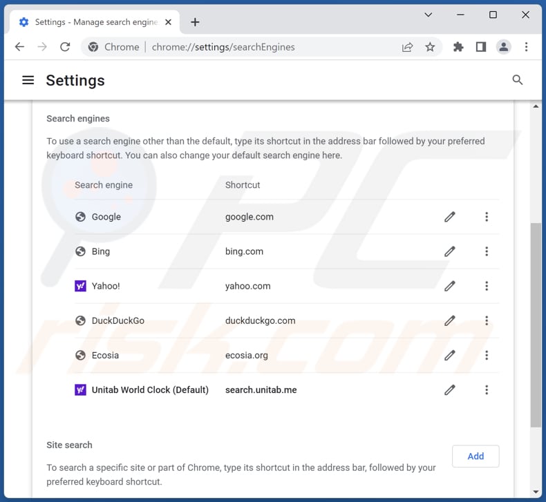 Removing search.unitab.me from Google Chrome default search engine