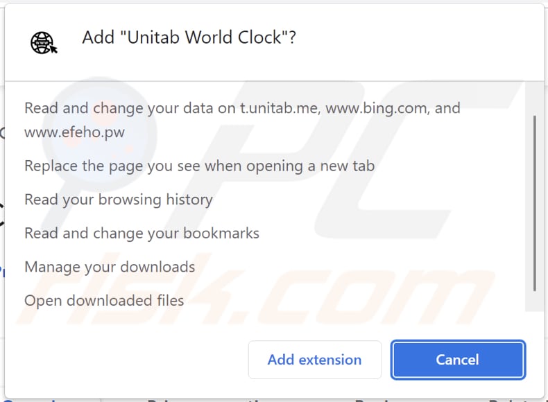 Unitab World Clock browser hijacker asking for permissions