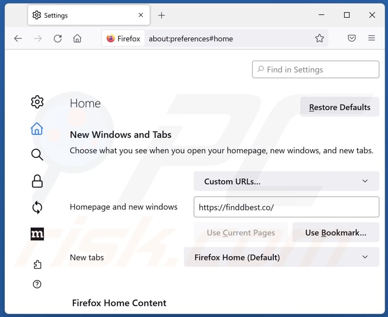 Removing finddbest.co from Mozilla Firefox homepage