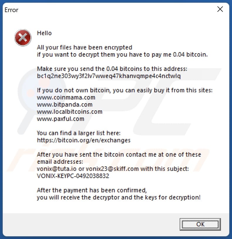 VoNiX ransomware error message