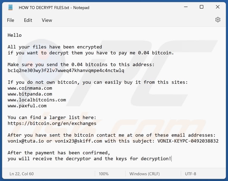 VoNiX ransomware text file (HOW TO DECRYPT FILES.txt)