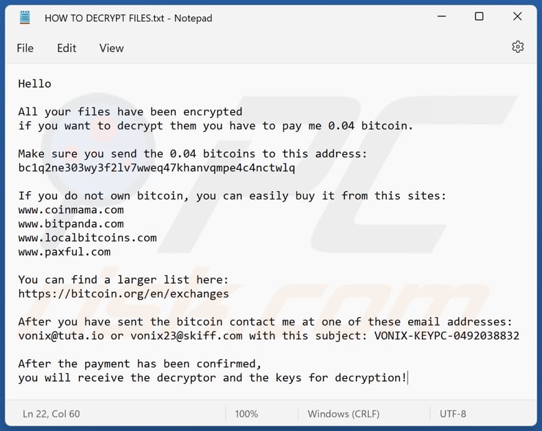 VoNiX ransomware text file (HOW TO DECRYPT FILES.txt)