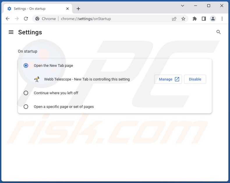Removing webbtelescopenewtab.com from Google Chrome homepage