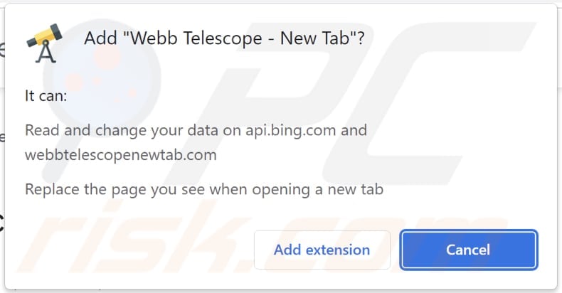 Webb Telescope - New Tab browser hijacker asking for permissions