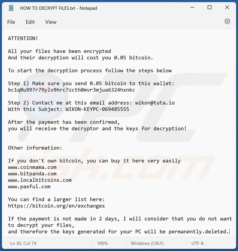 WiKoN ransomware text file (HOW TO DECRYPT FILES.txt)
