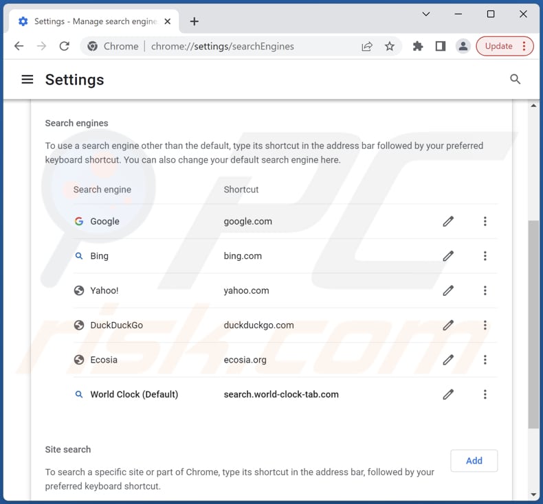 Removing search.world-clock-tab.com from Google Chrome default search engine