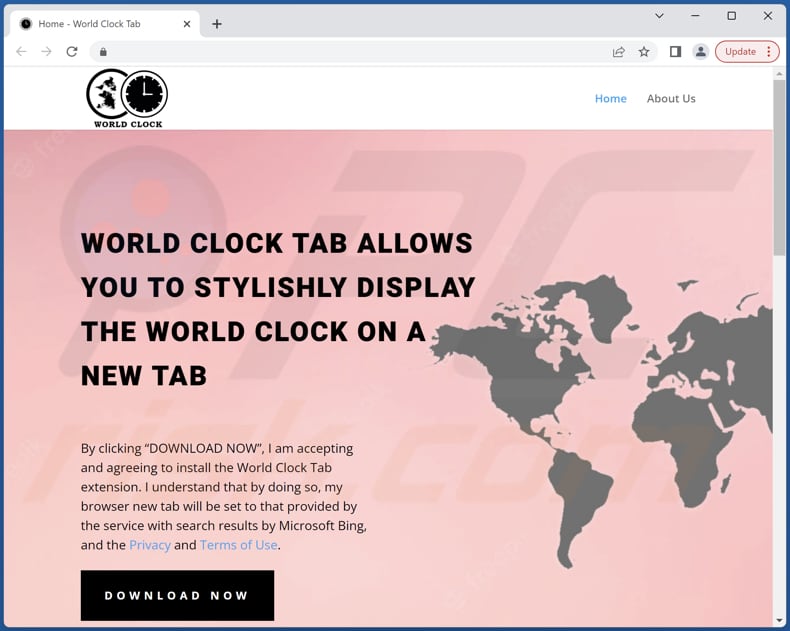 Website used to promote World Clock browser hijacker