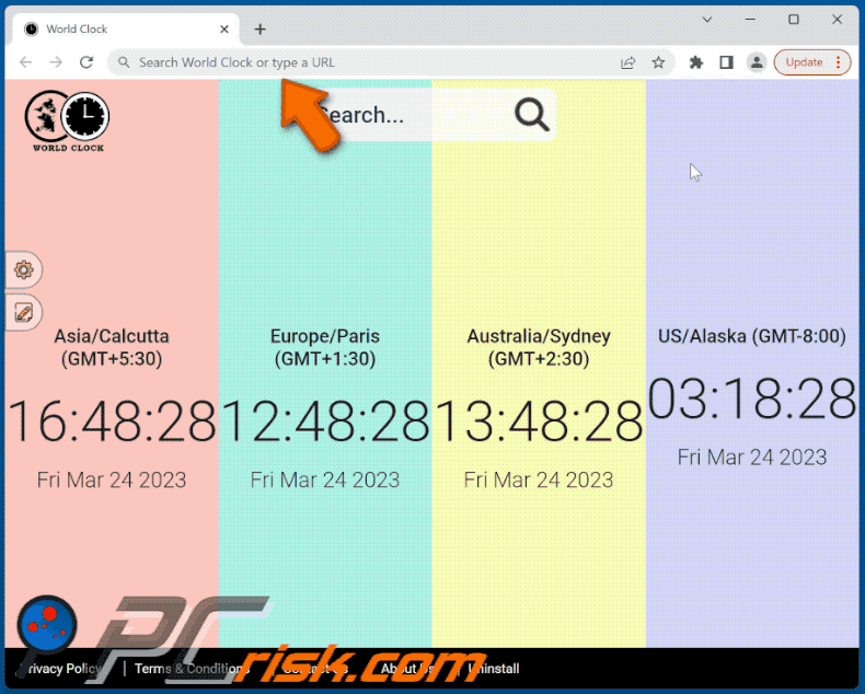 World Clock browser hijacker search-world-clock-tab.com shows bing results