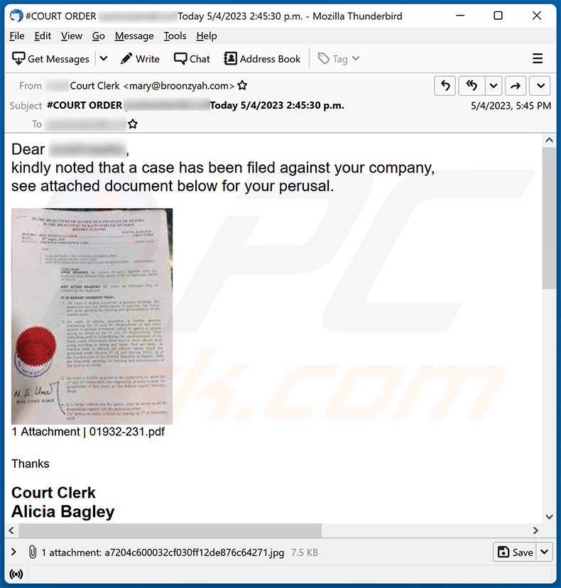 A Law Case Filed Against Your Company spam email (2023-05-05)