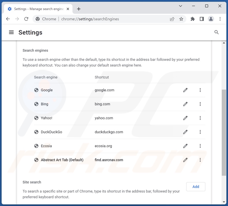 Removing find.asrcnav.com from Google Chrome default search engine