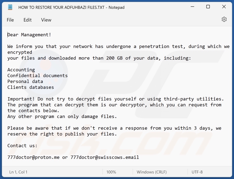 Adfuhbazi ransomware ransom note (HOW TO RESTORE YOUR ADFUHBAZI FILES.TXT)