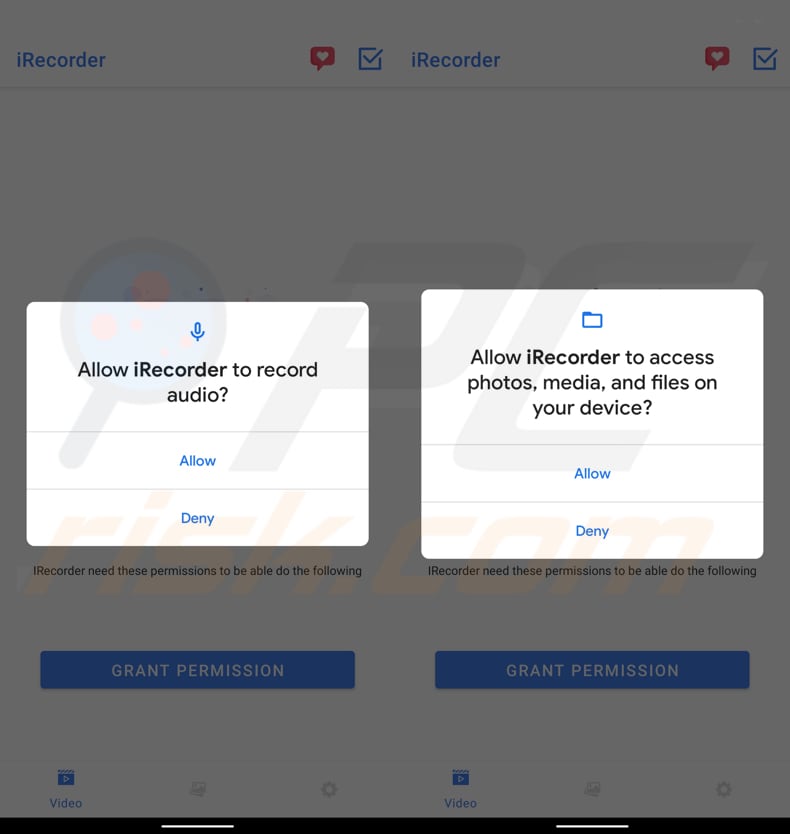 AhRat malware iRecorder – Screen Recorder asks for permissions