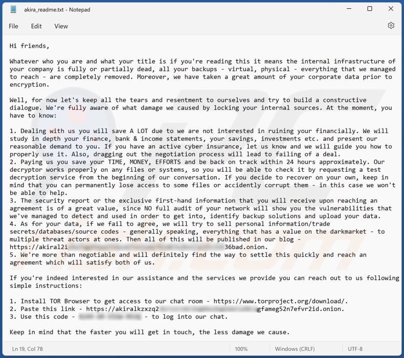 Akira ransomware text file (akira_readme.txt)