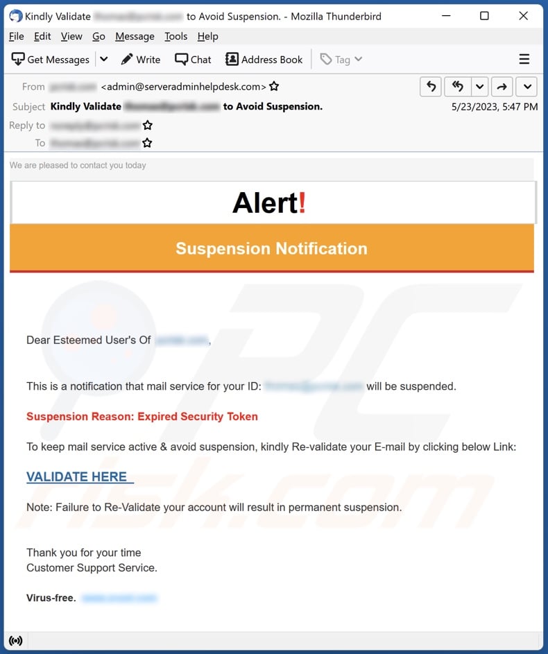 Alert! - Suspension Notice email spam campaign
