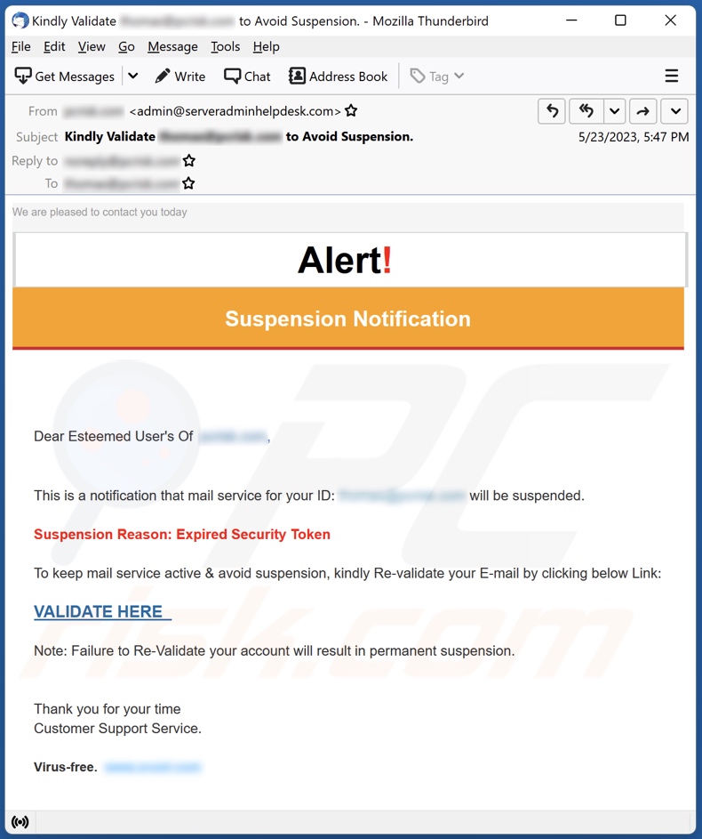 Alert! - Suspension Notification email spam campaign