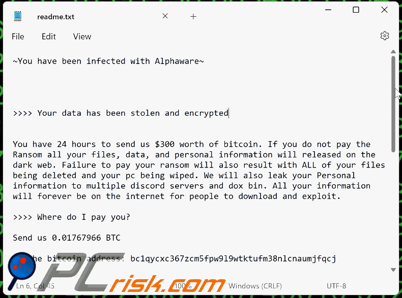 Alphaware ransomware ransom note (readme.txt)