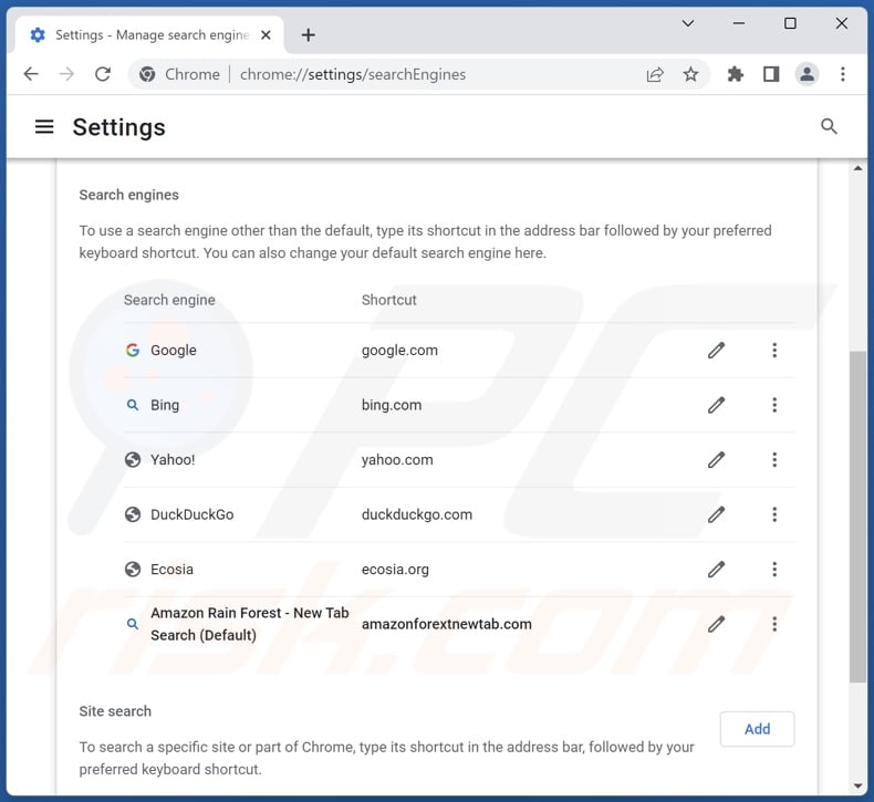 Removing amazonforextnewtab.com from Google Chrome default search engine