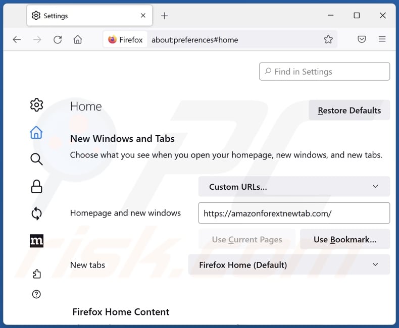 Removing amazonforextnewtab.com from Mozilla Firefox homepage