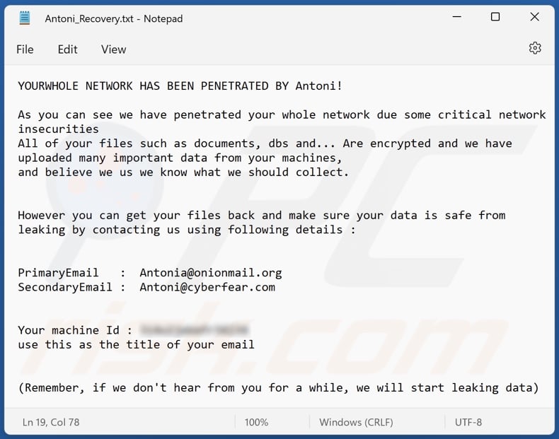 Antoni ransomware ransom note (Antoni_Recovery.txt)