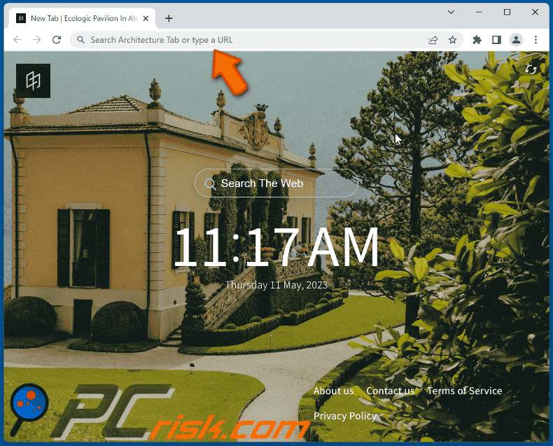 Architecture Tab browser hijacker srchingoz.com shows bing.com results