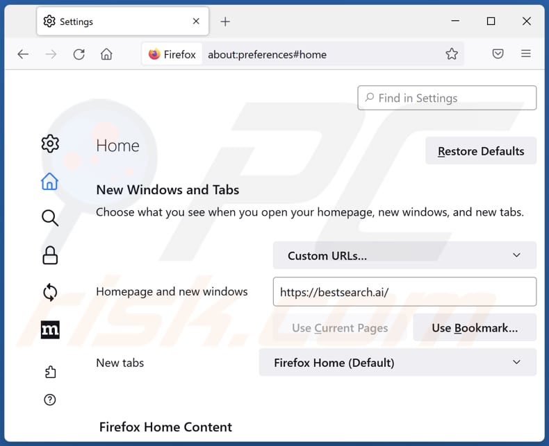 Removing bestsearch.ai from Mozilla Firefox homepage