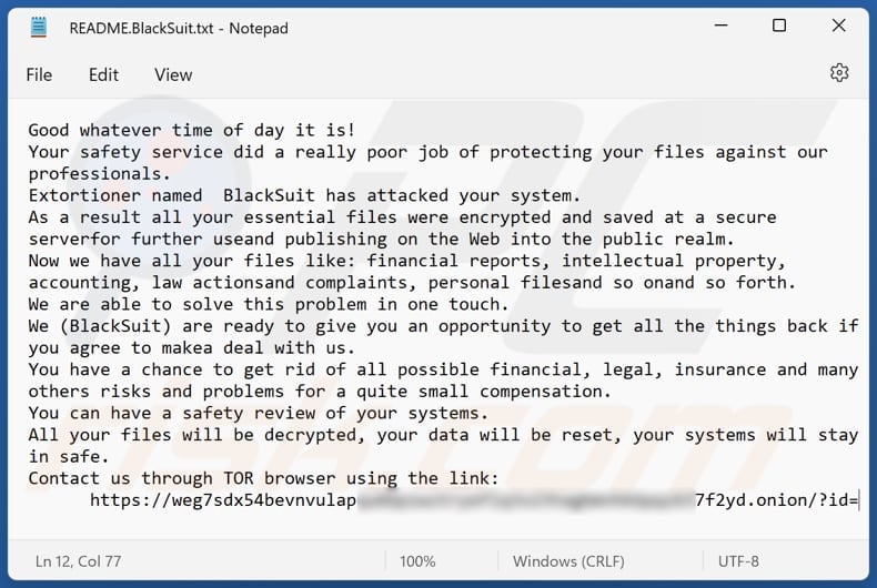 BlackSuit ransomware text file (README.BlackSuit.txt)