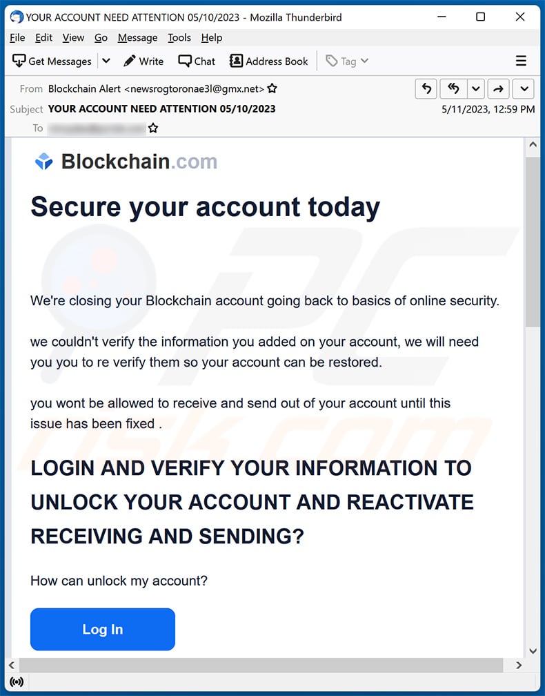 Blockchain.com - secure your account today email scam