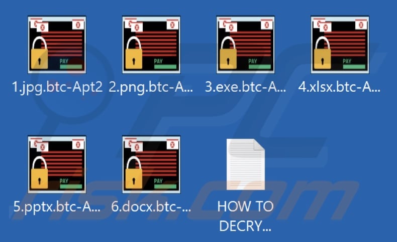 Files encrypted by btc-A ransomware (.btc-Apt2 extension)