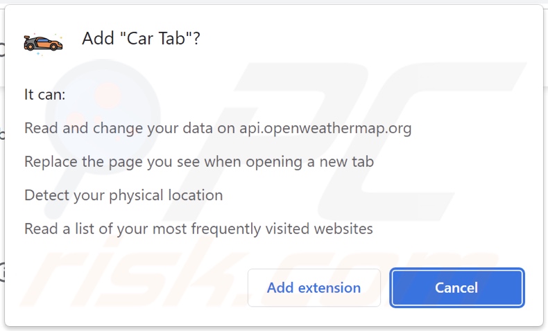 Car Tab browser hijacker asking for permissions