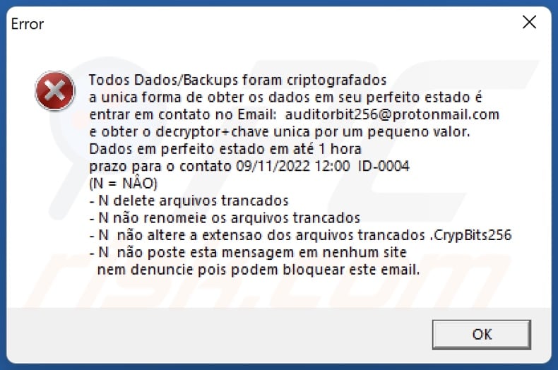 CrypBits256 ransomware ransom note (pop-up)