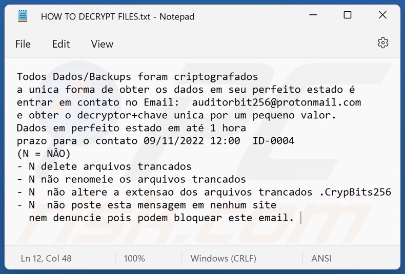 CrypBits256 ransomware text file (HOW TO DECRYPT FILES.txt)