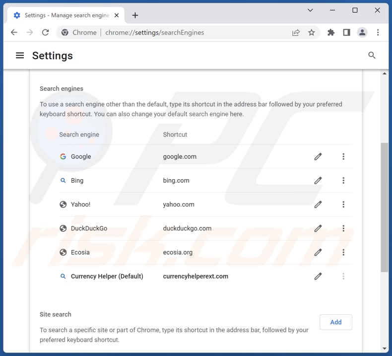 Removing currencyhelperext.com from Google Chrome default search engine