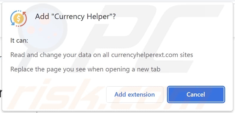 Currency Helper browser hijacker asking for permissions