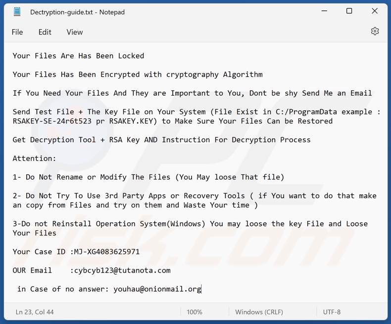 Cyb ransomware ransom note (Dectryption-guide.txt)