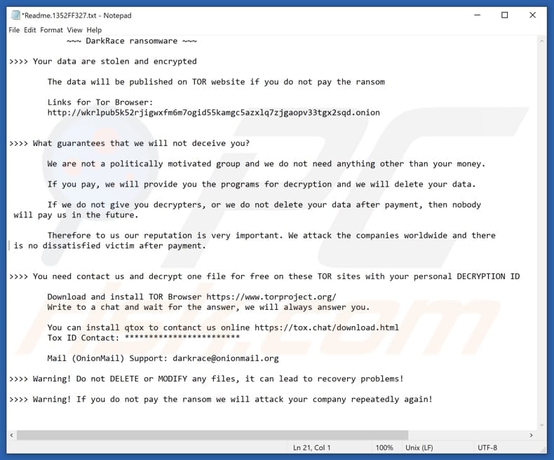 DarkRace ransomware text file (Readme.1352FF327.txt)