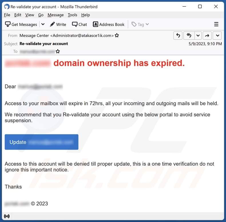 Domain Ownership Has Expired email spam campaign