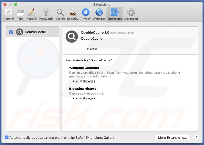 DoubleCache adware installed on Safari