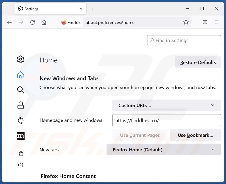 Removing finddbest.co from Mozilla Firefox homepage