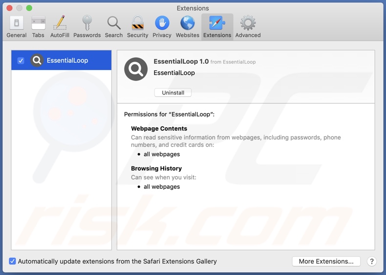 EssentialLoop adware installed on Safari