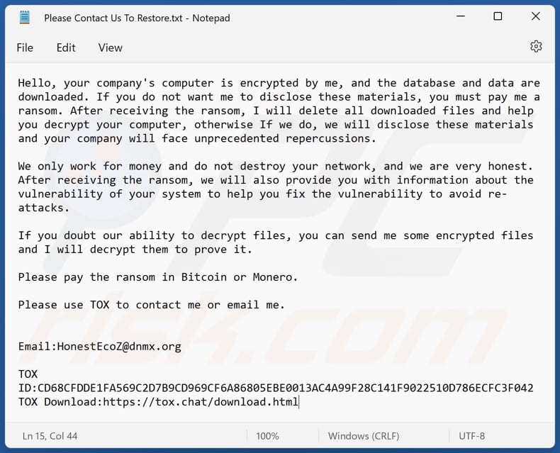 EXISC ransomware ransom note (Please Contact Us To Restore.txt)