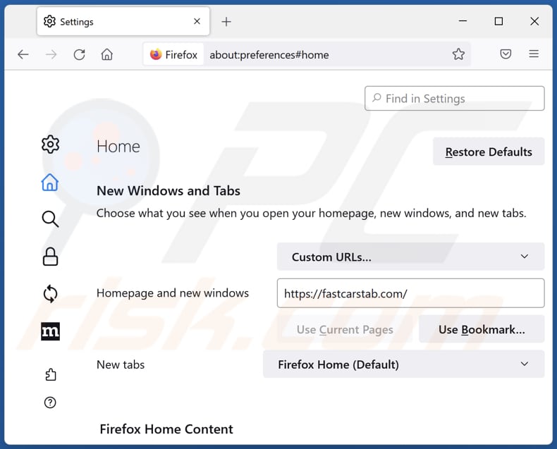 Removing fastcarstab.com from Mozilla Firefox homepage