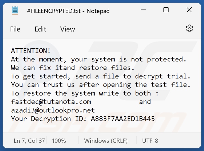 FAST ransomware ransom note (#FILEENCRYPTED.txt)