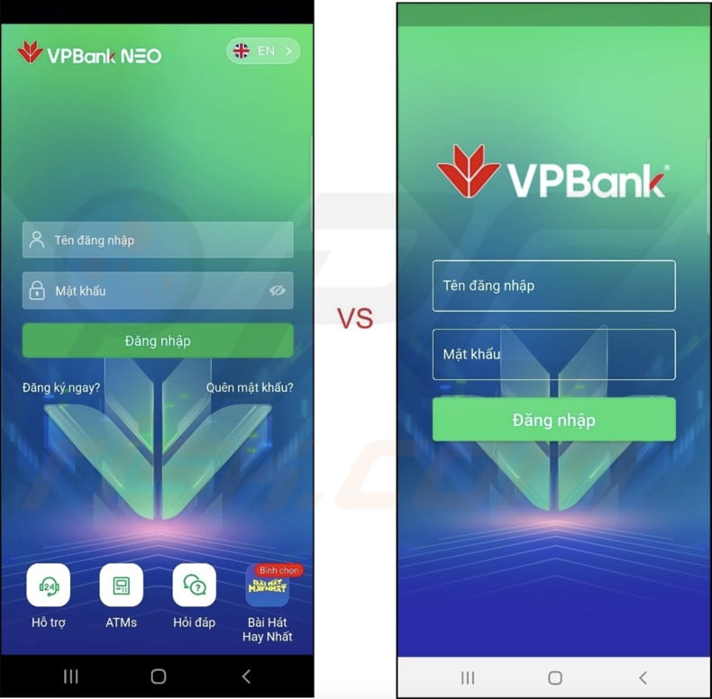 FluHorse malware legitimate VPBank app on the left vs fake VPBank on the right