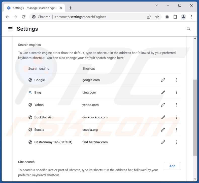 Removing find.hsrcnav.com from Google Chrome default search engine