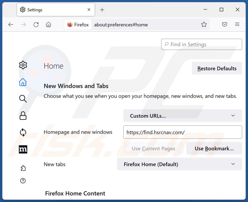 Removing find.hsrcnav.com from Mozilla Firefox homepage