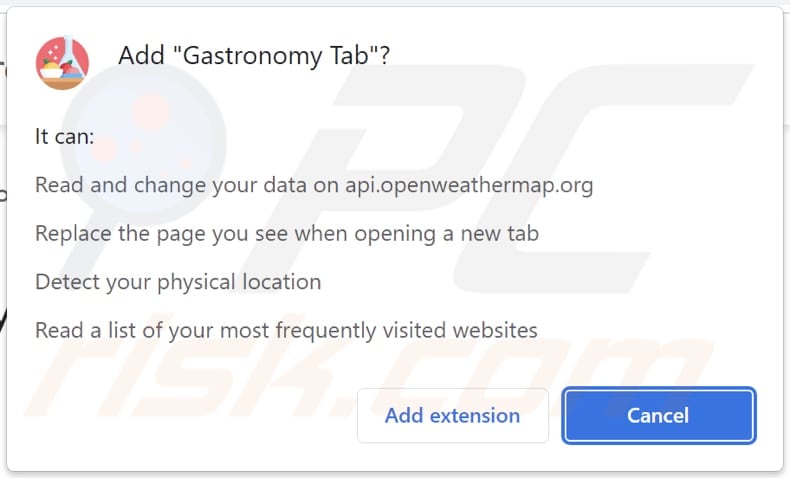 Gastronomy Tab browser hijacker asking for permissions