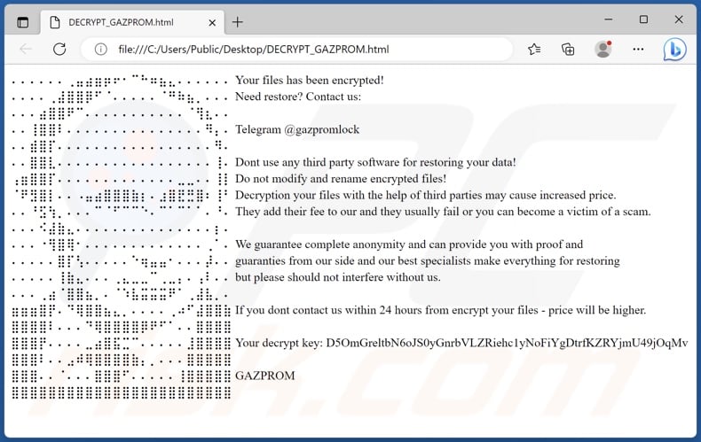 GAZPROM ransomware ransom note (GAZPROM_DECRYPT.hta)